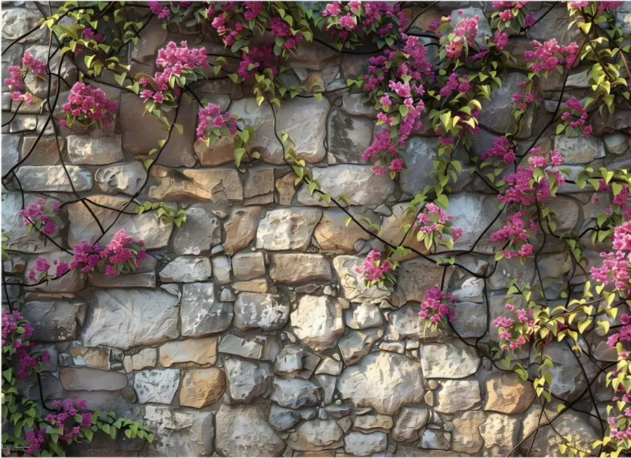 Fond photo F2 : mur de pierre fleuri