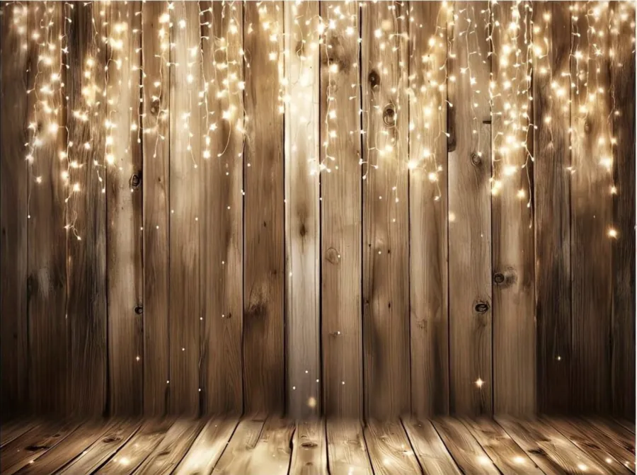 Fond photo F6 : bois et guirlandes lumineuses